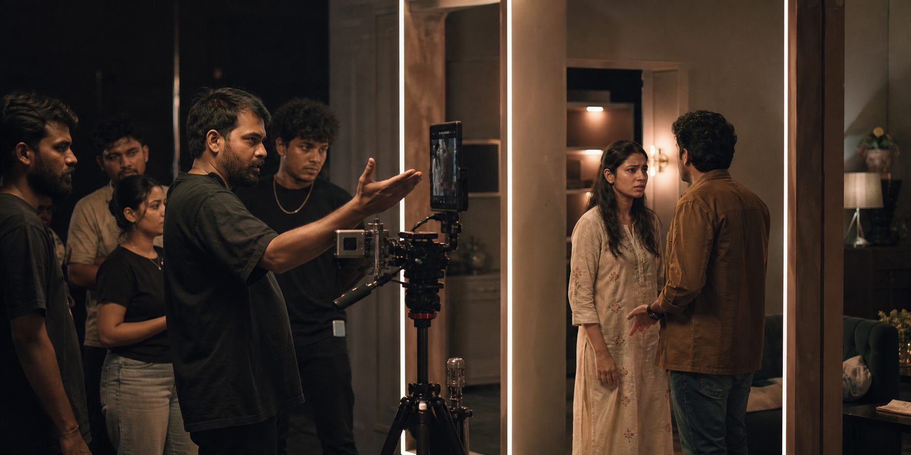A film crew recording a vertical-format drama on a studio set